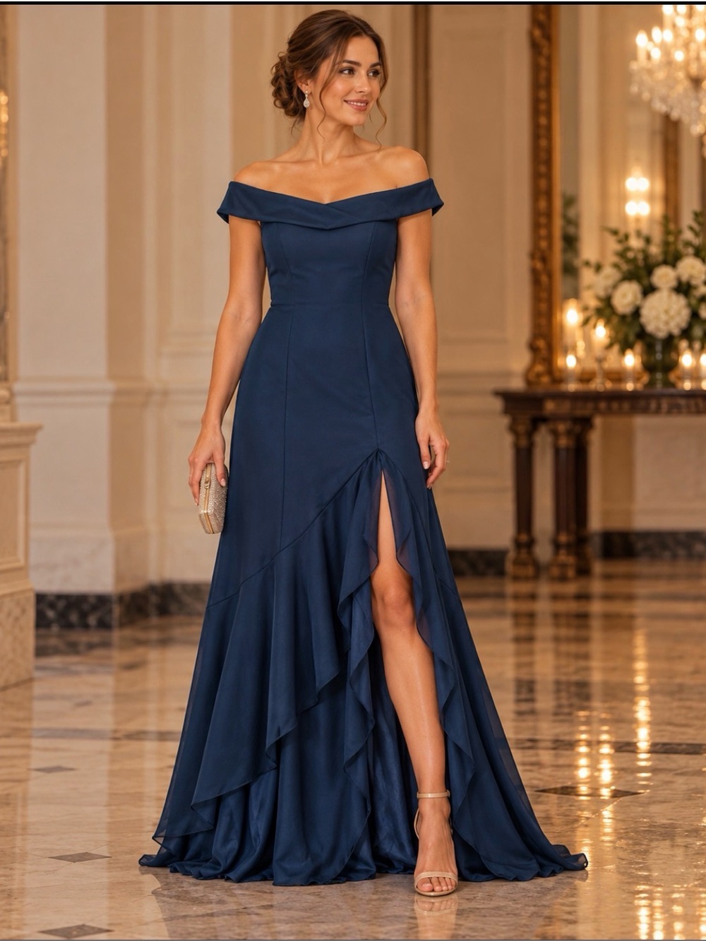 JJs House Navy One-Shoulder Ruffle Slit Evening Elegant Formal Gown Size 6-8